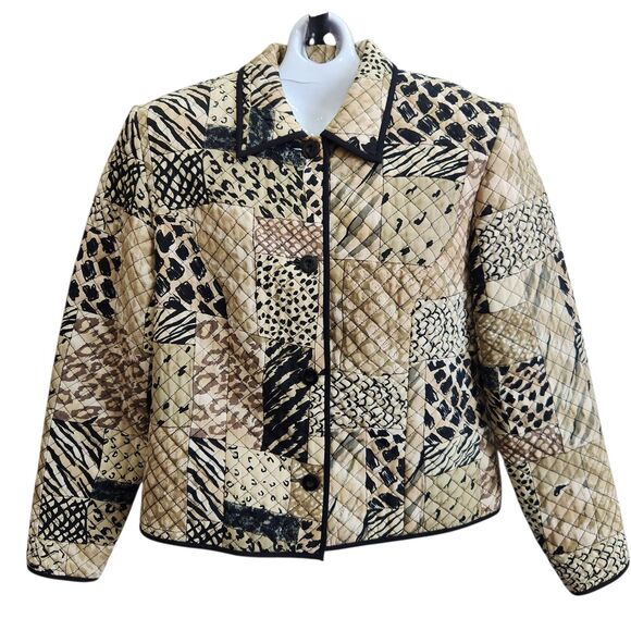 Coldwater Creek Silk Quilted Blazer-Patchwork-Animal Print-Earth Tones-Office-6 - Picture 1 of 11